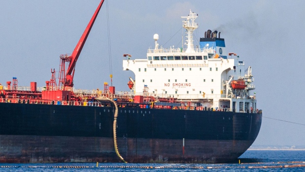 A tanker discharges crude oil 
