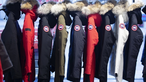 Parkas hang on display at the new Canada Goose Holdings Inc. store in Montreal, Quebec, Canada, on Thursday, Nov. 15, 2018. 