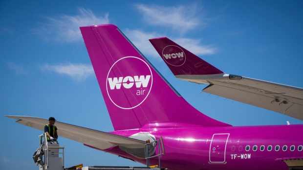 WOW air aircraft, an Icelandic low-cost carrier, is parked outside Airbus charlet during the 52nd International Paris Air Show at the Le Bourget Airport on June 21, 2017, in Paris, France.