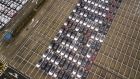 Tesla electric vehicles parked at a port in Shanghai. Bloomberg/Qilai Shen