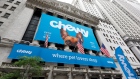 The facade of the New York Stock Exchange is decorated for the Chewy IPO, Friday, June 14, 2019. 