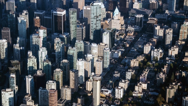 Commercial and residential buildings stand in this aerial photograph taken above Vancouver, B.C.
