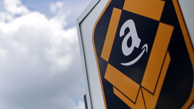The Amazon.com logo is displayed outside the company's fulfillment center in Kenosha, Wisconsin, U.S. 