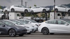 Tesla Inc. vehicles are parked at the company's assembly plant in Fremont, California, U.S., on Monday, May 11, 2020. 