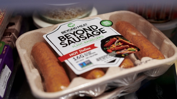 A package of Beyond Meat sausages arranged in the Brooklyn borough of New York, U.S., on Friday, Nov. 6, 2020. Beyond Meat Inc. has been able to shift to greater sales at retail outlets as the coronavirus pandemic affected restaurant sales, though the split between retail and foodservice may not rebalance until at least mid-2021. Photographer: Gabby Jones/Bloomberg