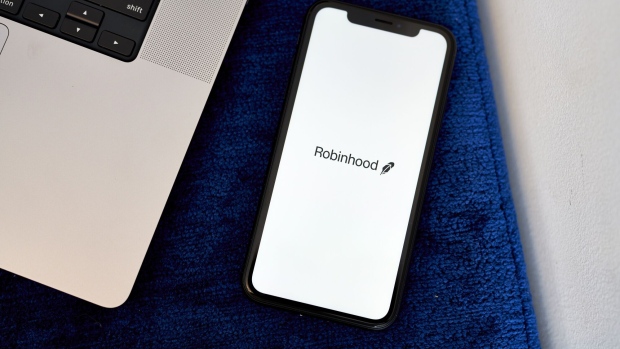 The Robinhood logo on a smartphone arranged in the Brooklyn borough of New York, US, on Monday, May 8, 2023. Robinhood Markets Inc. is scheduled to release earnings figures on May 10. Photographer: Gabby Jones/Bloomberg