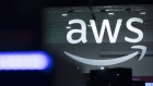An illuminated Amazon Web Services (AWS) logo.