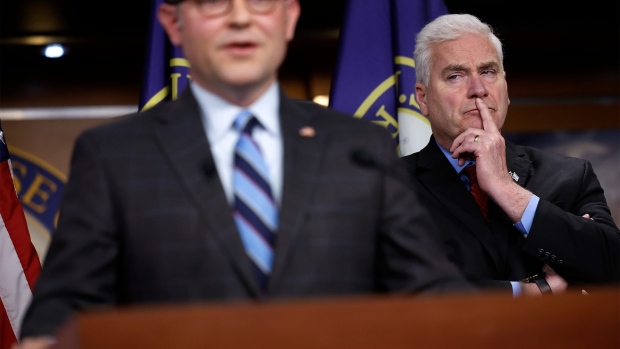 Mike Johnson, left, and Tom Emmer during a news conference on Feb. 6.
