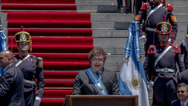 Javier Milei speaks outside Congress in Buenos Aires after his inauguration on Dec. 10, 2023.