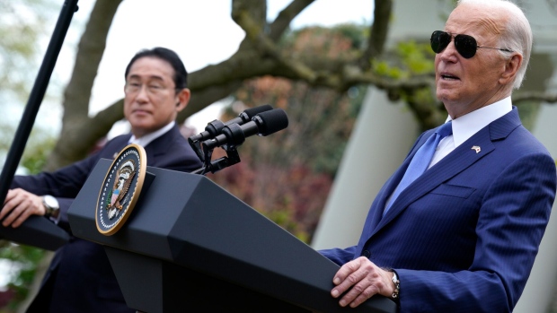 Fumio Kishida and Joe Biden at a news conference during a state visit in the Rose Garden of the White House in Washington on Wednesday. Photographer: Yuri Gripas/Abaca/Bloomberg