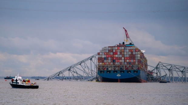 The Dali container vessel after striking the Francis Scott Key Bridge that collapsed in Baltimore, Maryland on April 4.