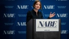 Clare Lombardelli, chief economist at the Organisation for Economic Co-operation and Development (OECD), during the National Association of Business Economics (NABE) economic policy conference in Washington, DC, US, on Friday, Feb. 16, 2024. The theme of this year's annual meeting is "Navigating Geopolitical Turbulence and Domestic Uncertainty." Photographer: Graeme Sloan/Bloomberg