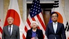 Shunichi Suzuki, from left, Janet Yellen, and Choi Sang-mok during a trilateral meeting at the Treasury Department in Washington, DC, on April 17.