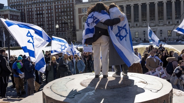 Students hold a rally in support of Israel and demand greater protection from anti-semitism on campus at Columbia University on Feb. 14. Photographer: Andrew Lichtenstein/Corbis/Getty Images