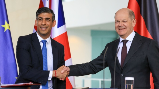 Rishi Sunak, and Olaf Scholz, in Berlin, on April 24.