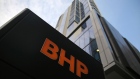 The BHP Group Ltd. logo outside Brookfield Place in Perth, Australia, on Thursday, April 25, 2024. BHP proposed a takeover of Anglo American Plc that values the smaller miner at £31.1 billion ($38.8 billion), in a deal that would catapult the combined company’s copper production far beyond its rivals while sparking the biggest shakeup in the industry in over a decade. Photographer: Philip Gostelow/Bloomberg