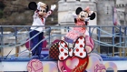 Mickey Mouse and Minnie Mouse perform as they sail around the Mediterranean Harbor during the "Minnie Bestie Bash!" show at Tokyo DisneySea, in Urayasu, Chiba Prefecture, Japan. Photographer: Kiyoshi Ota/Bloomberg