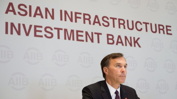 Minister of Finance Bill Morneau at a news conference at the Asian Infrastructure Investment Bank