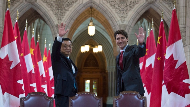 Canadian Prime Minister Justin Trudeau and Chinese Premier Li Keqiang 