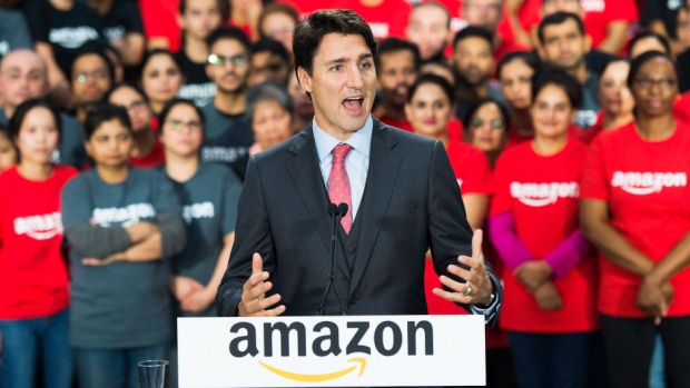 Prime Minister Justin Trudeau visits the new Amazon Fulfillment Centre while he makes an announcemen