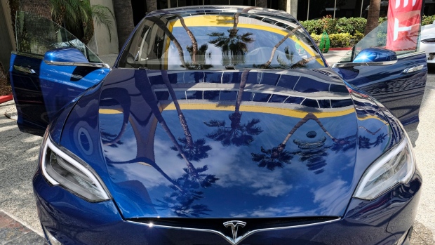The Tesla Model S on display in downtown Los Angeles