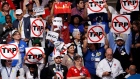 Demonstrators protest against the TPP at the Democratic National Convention in July