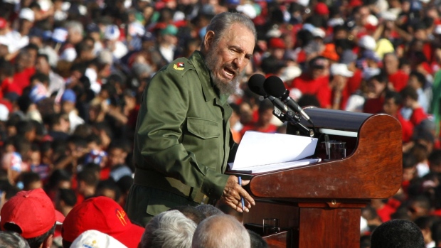 In this May 1, 2006 file photo, Cuba's leader Fidel Castro speaks on International Workers Day