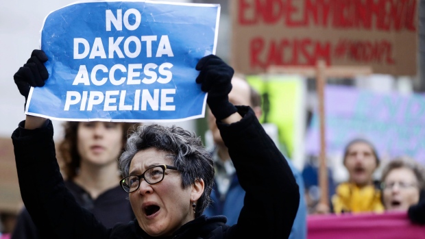 Protestors demonstrate over the construction of the Dakota Access pipeline in Philadelphia