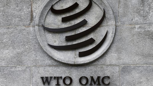 A World Trade Organization (WTO) logo on their headquarters in Geneva, Switzerland.