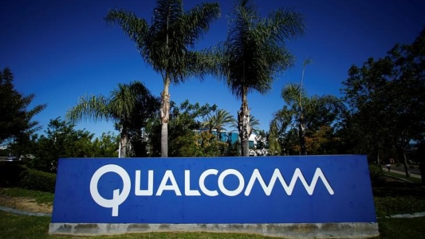 A Qualcomm sign is pictured in front of one of its many buildings in San Diego, California 