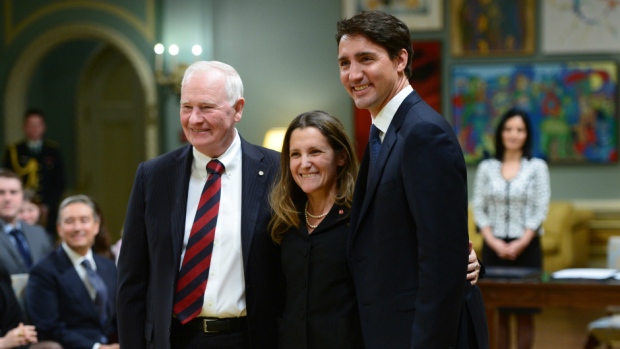 Governor General David Johnston, PM Justin Trudeau and Foreign Affairs Minister Chrystia Freeland
