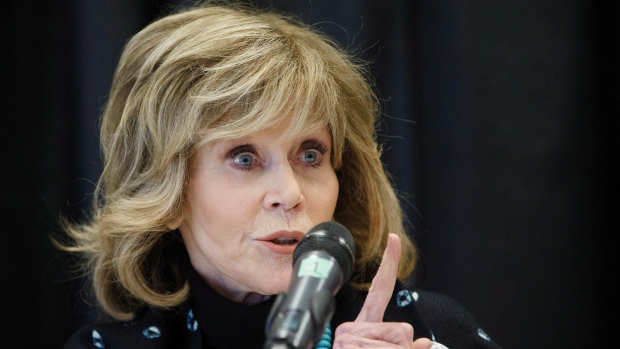 Jane Fonda speaks during a press conference along with indigenous leaders