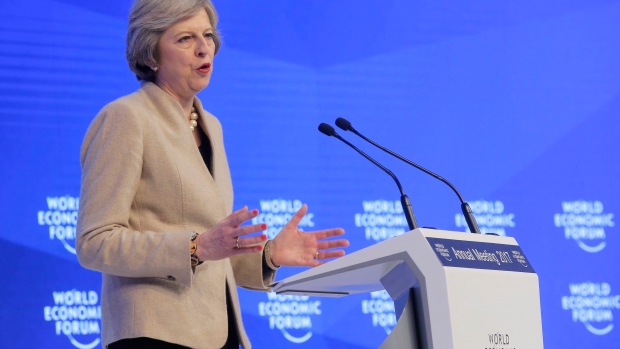 British PM Theresa May speaks on the third day of the World Economic Forum in Davos, Switzerland.