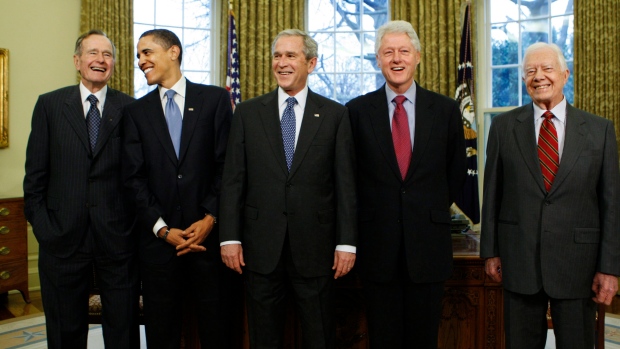 George H.W. Bush, Barack Obama, George W. Bush, Bill Clinton and Jimmy Carter at the White House