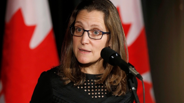 Chrystia Freeland answers reporter questions before the cabinet retreat in Calgary Jan. 23, 2017. 