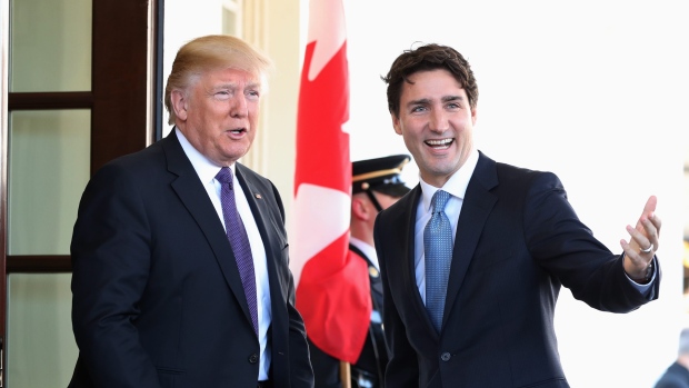 President Donald Trump greets Prime Minister Justin Trudeau upon his arrival at the White House
