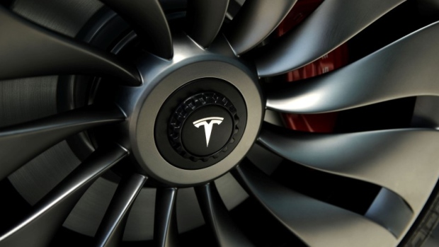 A wheel of a prototype of the Tesla Model 3 at the Tesla Gigafactory