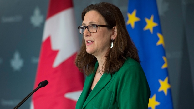 Cecilia Malmstrom, Chief Trade Commissioner for the European Union, speaks to a conference in Ottawa