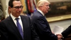 Secretary of the Treasury Steven Mnuchin stands as U.S. President Donald Trump arrives to attend a listening session with CEOs of small and community banks at the White House in Washington