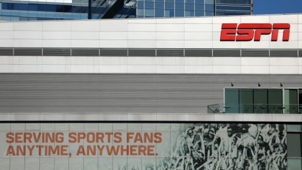 ESPN logo and building are shown in down town Los Angeles
