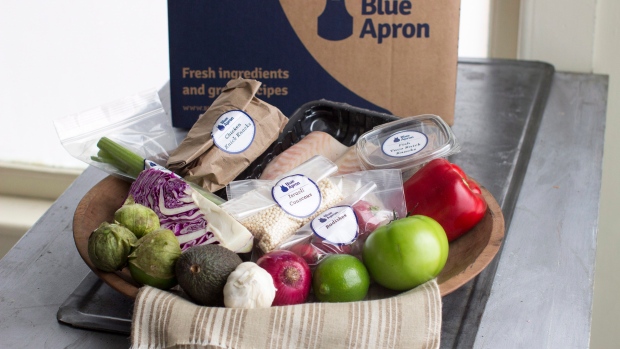 A Blue Apron home-delivered meal kit