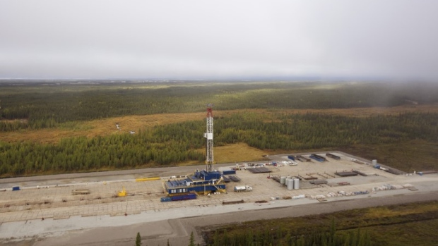 An oil rig drills near the Suncor Firebag in-situ oil sands operations near Fort McMurray, Alberta.