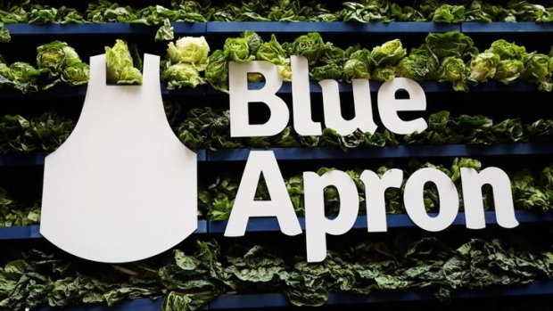 The Blue Apron logo is pictured ahead of the company's IPO on the New York Stock Exchange