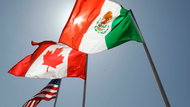 National flags representing the United States, Canada, and Mexico 