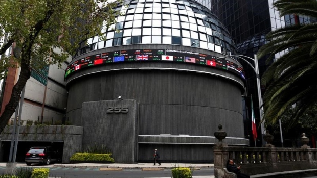 A screen displaying exchange rates are seen at the Mexican stock market building in Mexico City 
