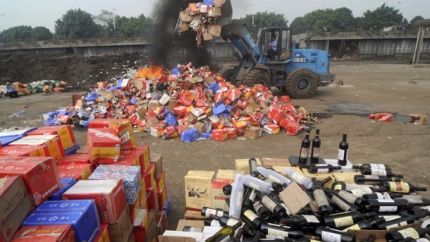 Confiscated bottles of fake wines in Nanning, Guangxi Zhuang Autonomous, China