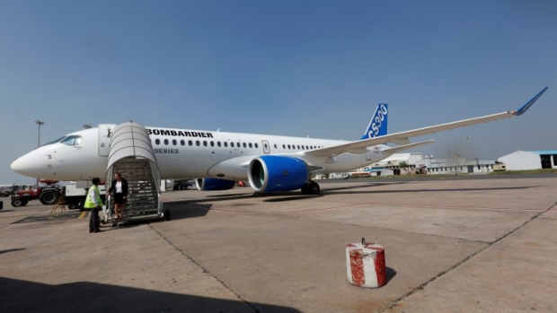 FILE PHOTO: Bombardier’s C-series aircraft is pictured at an airport during its static demo event in New Delhi