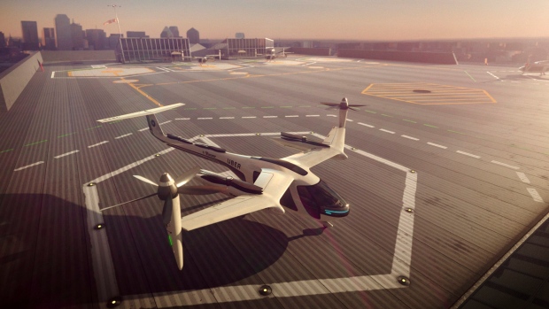This computer generated image shows a flying taxi by Uber