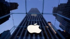 the Apple logo hangs in the glass box entrance to the company's Fifth Avenue store in New York. 