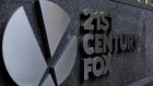The 21st Century Fox logo is displayed on the side of a building in midtown Manhattan in New York